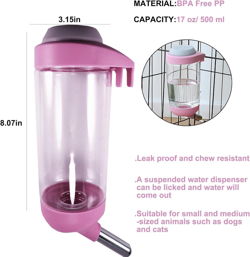 DEEUCHIS Dog Crate Water Bottle - 17 oz No Drip Kennel Pet Water Dispenser, Easy-to-Use Cage Water Bottle for Dogs, Cats, Small Animals, 500ML, Pink - Image 2